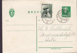 Norway Uprated Postal Stationery Ganzsache Entier SØRLANDSBANEN 1946 To OSL Nasjonalhjelpen Stamp (2 Scans) - Postwaardestukken
