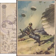 Italie 1943. Carte Utilisée En Franchise Militaire. Illustration De Vittorio Pisani. Soldats Parachutistes. Atterrissage - Paracaidismo