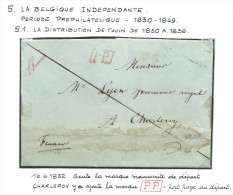 L. 1832 Manuscrit Distribution "Thuin" En Rouge + P.P Pour Charleroy. RR - 1830-1849 (Belgique Indépendante)