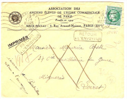 LGM FRANCE - MAZELIN 0f80 SEUL SUR LETTRE AU TARIF IMPRIMES DU 1/3/1945 PARIS / MIGNERES 17/3/1945 RETOUR ENVOYEUR - 1945-47 Cérès Van Mazelin