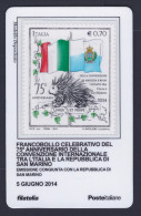 2014 ITALIA REPUBBLICA "75° ANNIVERSARIO CONVEZIONE ITALIA E SAN MARINO" TESSERA FILATELICA - Philatelistische Karten