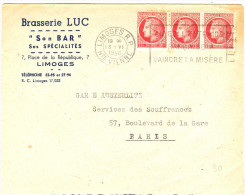 LGM FRANCE - MAZELIN 1fx3 SUR LETTRE LIMOGES/PARIS 13/6/1946 AU TARIF DU 2/1/1946  THEME BRASSERIE BIERE - 1945-47 Ceres De Mazelin