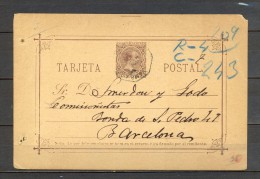 1889 GERONA, ENTERO POSTAL ED. 19, CIRCULADO A BARCELONA, ALFONSO XIII, PELÓN, MAT. AMBULANTE - 1850-1931