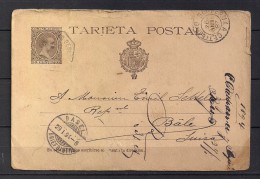 1894 REUS, ENTERO POSTAL ED. 27, CIRCULADO A BâLE, ALFONSO XIII, PELÓN, MAT. AMBULANTE, TRÁNSITO, LLEGADA - 1850-1931