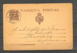 1899 VIGO, ENTERO POSTAL ED. 36, CIRCULADO A INGLATERRA, ALFONSO XIII, PELÓN - 1850-1931