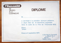 Diplôme 1979 Course Pédestre Jaures à La Courneuve Fête De L'humanité Roland Leroy - Atletiek