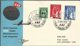NORUEGA OSLO CC PRIMER VUELO COPENAGE GROENLANDIA LOS ANGELES SAS 1954 AL DORSO MAT LOS ANGELES - Cartas & Documentos