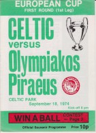 Official Football Programme CELTIC - OLYMPIAKOS PIRAEUS European Cup ( Pre - Champions League ) 1974 1st Round - Habillement, Souvenirs & Autres