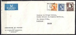 Lettre  Cachet MELBOURNE  Le 29 Aout 1958  Pour  PARIS   De L AMBASSADE De FRANCE Avec  3 Timbres    Par Avion - Lettres & Documents