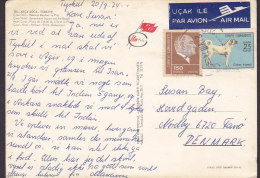 Turkey PPC Akca Koca Ucak Ile Par Avion Airmail Label 1974 Card Karte To FANØ Denmark Dog Hund Chien (2 Scans) - Poste Aérienne
