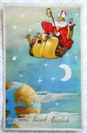 Cp Litho Illustrateur Coloprint Globe Terrestre Saint Nicolas Noel Luge Traineau Ciel Nuage Lune Jouet - Sinterklaas