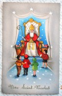 Litho Illustrateur Coloprint Special St Nicolas Crosse Dans Fauteuil Hotte Jouets Avec Enfants Aquarelle Etoiles - Sinterklaas