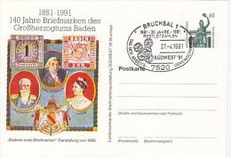 BADEN STAMPS ANNIVERSARY, MUNCHEN STATUE, BAVARIA HALL, PC STATIONERY, ENTIER POSTAUX, 1991, GERMANY - Geïllustreerde Postkaarten - Gebruikt