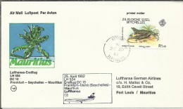 SEYCHELLES CC PRIMER VUELO FRANKFURT MAHE MAURITIUS 1982 AL DORSO MAT PORT LOUIS - Seychelles (1976-...)