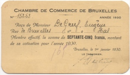 Chambre De Commerce De Bruxelles. Membre Effectif. Carte-Reçu 1930. Timbres Au Dos. - 1900 – 1949