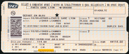 Ticket Train SNCF TGV, Paris Gare De Lyon - Cannes, 1ere Classe (10-05-2014) Et Cannes- Grasse, 2° Classe, Poinçonnage - Europa