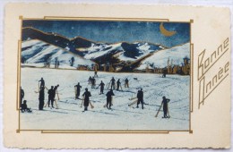 RARE CPA Litho Illustrateur C.E.A. TOULOUSE SERIE BLEU OR Ski Skieur Silhouette Sous Lune Et Cadre Dore Art Nouveau - Silueta