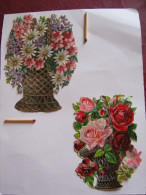 Lot  2 CHROMO DECOUPI GAUFRE GRAND MODELE CORBEILLE VASE FLEUR ROSE MARGUERITE OEILLET VIOLETTE MYOSOTIS - Fiori