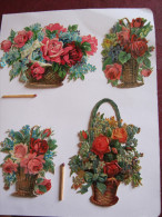 Lot  De 4 CHROMO DECOUPI GAUFRE GRAND MODELE PANIER CORBEILLE FLEUR ROSE VIOLETTE MYOSOTIS MUGUET - Flowers