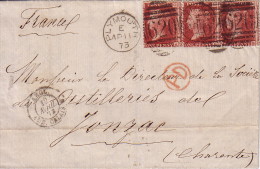 GRANDE BRETAGNE - PLYMOUTH - 11-4-1873 - AFFRANCHISSEMENT AVEC 3 X 1P ROUGE POUR LA FRANCE - Storia Postale