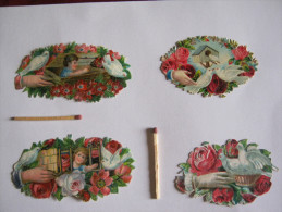 Lot  De 4 CHROMO DECOUPI GAUFRE PETIT MODELE MAIN FLEUR AVEC COLOMBE ROSE ENFANTS FLEURS - Fleurs