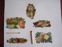 Lot  De 5 CHROMO DECOUPI GAUFRE PETIT MODELE MAIN FLEUR AVEC COLOMBE ROSE FER A CHEVAL STATUE AGNEAU PLUME - Flowers