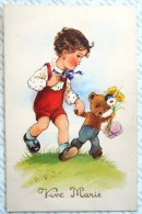 CP Litho Illustrateur Coloprint Enfant Garcon MARCHANT AVEC JOUET Ours Humanisé  Fete VIVE Marie - Dressed Animals