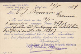 Sweden YSTADS GJUTERI & MEK. VERKSTAD, YSTAD 1919 Card Karte To GREMMA Drucksache (2 Scans) - Lettres & Documents