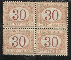 ITALIA REGNO ITALY KINGDOM 1890 SEGNATASSE POSTAGE DUE TASSE TAXE CENT. 30 QUARTINA BLOCK BEN CENTRATO MNH - Strafport