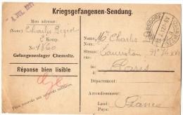 TB 675 - MILITARIA - Carte - Franchise Militaire - Prisonnier De Guerre  Camp De CHEMNITZ Allemagne Pour PARIS - 1. Weltkrieg 1914-1918