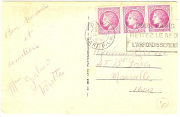 LGM FRANCE - MAZELIN 1f50x3 SUR CP PARIS/MARSEILLE 14/7/1946  TARIF A ETUDIER - 1945-47 Ceres De Mazelin