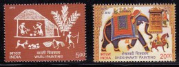 India MNH 2012, Set Of 2, Shekhawati &  Warli Art Painting, Elephant, Horse, Dog, Etc., - Unused Stamps