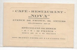 CARTE De Visite -ANVERS-Café Restaurant NOVA Avenue De France Specialite De Diner - Cartes De Visite