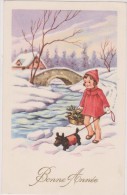 Carte ,bonne Année,chien,chienne,dog,fille,enfant,neige épaisse,pont - Perros