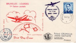 Belgium-France FFC / Erstflugbrief 1954 SABENA BRUXELLES-LOURDES Poste Aérienne - Aviation SB5 - Covers & Documents