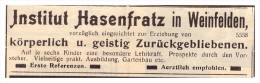 Original Werbung / Reklame - 1911 -  Institut Hasenfratz In Weinfelden B. Frauenfeld , Geistig Zurückgebliebene !!! - Frauenfeld