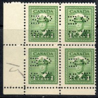 Canada 1942- 1c Green War Effort In Block Of 4  Perf  Punctured Position F Die II OHMS SG O137 MNH Cat £8+   See - Perforiert/Gezähnt