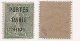 Yvert Préoblitéré 25 - 15 C. Vert Olive Surcharge Postes/Paris/1920 - Sans Gomme  - Signé Calves - 1893-1947