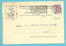 711 Op Kaart Met Stempel BRUXELLES Met Firmaperforatie (perfin) "P.B." Van Compagnie De Bruxelles / Primes Bruxelles - 1934-51