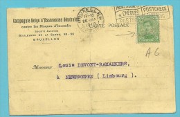 137 Op Kaart Met Stempel BRUXELLES Met Firmaperforatie (perfin) "A.G. " Van Compagnie Belge D'Assurances Generales - 1909-34