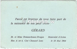 Faire-part De Naissance De Gérard Demoncheaux-Dragan - Maternité D'Avion Le 18 Mai 1964 - Nacimiento & Bautizo