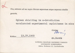 Czechoslovakia KATEDRA BIOLOGIE UNIVERZITY KOMENSKEHO, KOSICE 1963 Card Karte To Denmark (2 Scans) - Briefe U. Dokumente