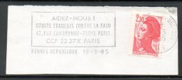 FRANCE. Flamme Sur Fragment De 1985. Aide Contre La Faim. - Contre La Faim