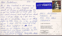 New Zealand PPC Lake Matheson "Par Avion Air Post International" Label 1995 RASK MØLLE Denmark (2 Scans) - Brieven En Documenten