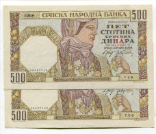 Serbia Serbie 500 Dinara 1941 AUNC  / UNC - 2 Consecutives - Servië