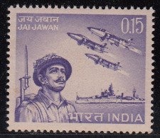 India 1966 MNH,  Jai Jawan, Indian Air Force, Militaria, Soldier, Gum, Airplane, Ship INS Mysore, - Ongebruikt
