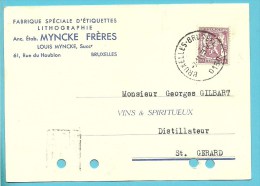 479+ Fiscalezegel Op Kaart Met Stempel BRUSSEL, Firmaperforatie (perfin) "M.F." Fabrique D'etiquettes Lithogaphie MYNCKE - 1934-51