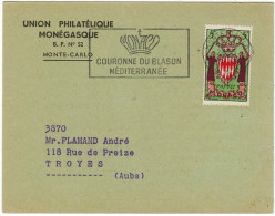 MONACO - 1957 - 5F - Union Philatélique Monégasque - Carte Postale - Post Card - Flamme Couronne Du Blason Méditerran... - Lettres & Documents