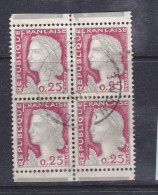 FRANCE N°1263 0.25 GRIS CLAIR ET CARMIN FONCE PAIRE VERTICALE DE CARNET BLOC DE 4 OBL - Used Stamps