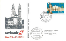 Luftpost  "Swissair Erstflug  Malta - Zürich"              1986 - Premiers Vols